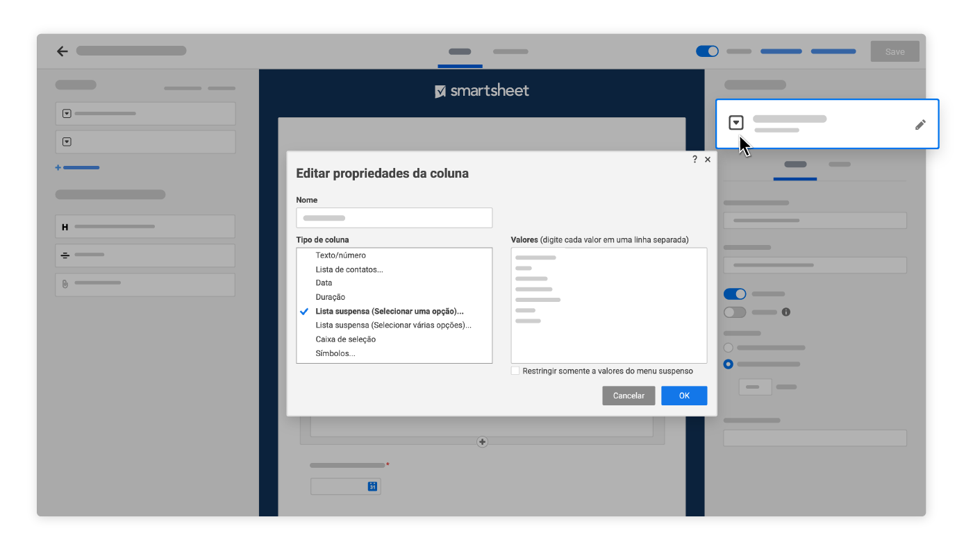 Construtor de formulários do Smartsheet com propriedades da coluna