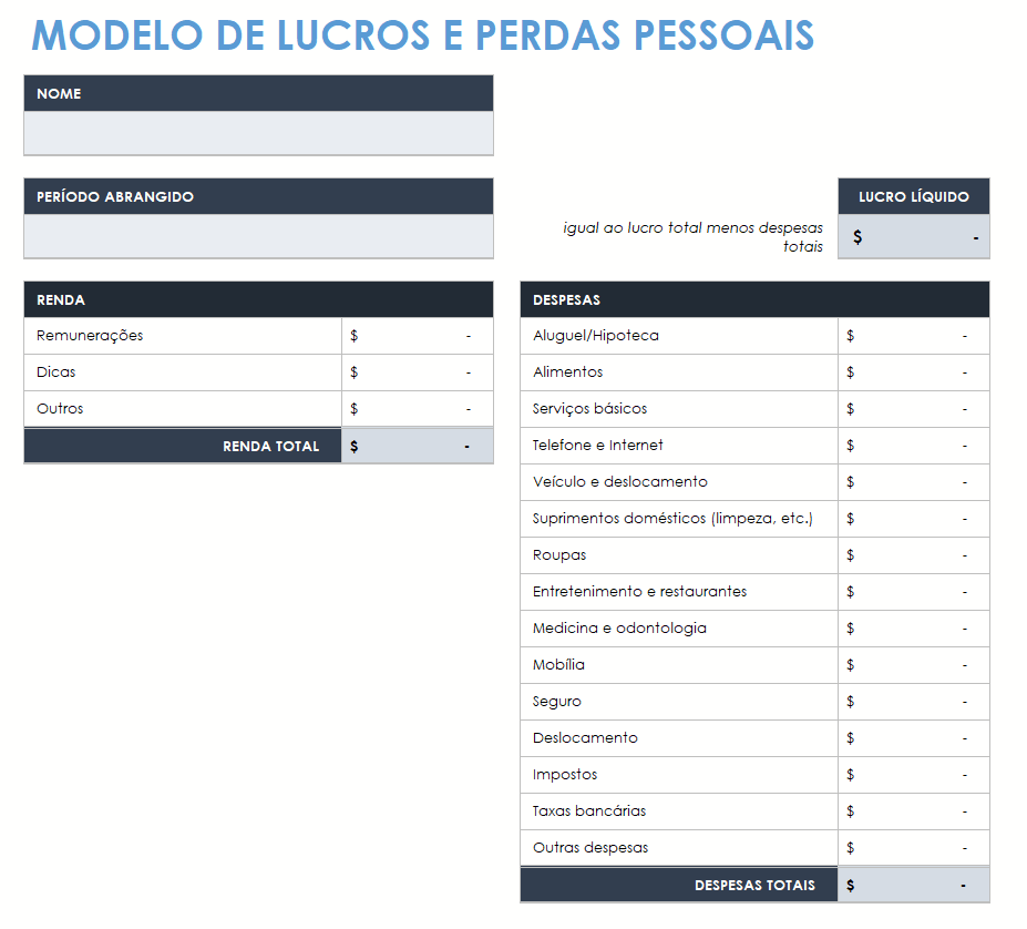 modelo de lucros e perdas pessoais