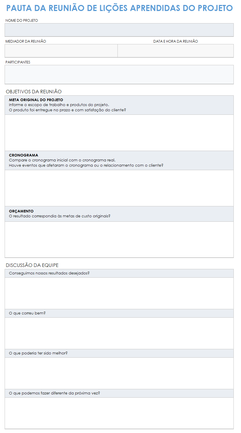  modelo de agenda de reunião de lições aprendidas de projeto