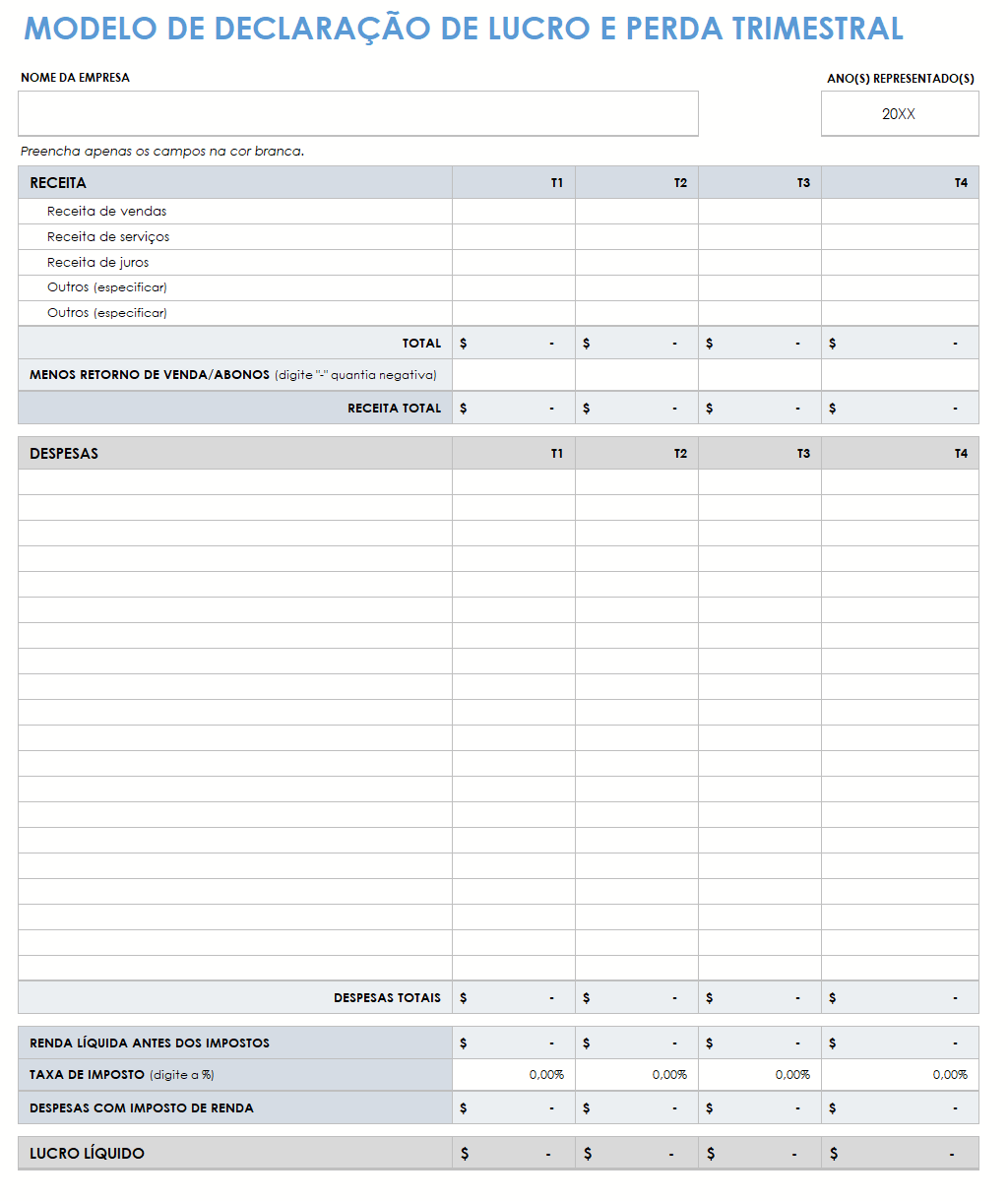  modelo de demonstração trimestral de lucros e perdas