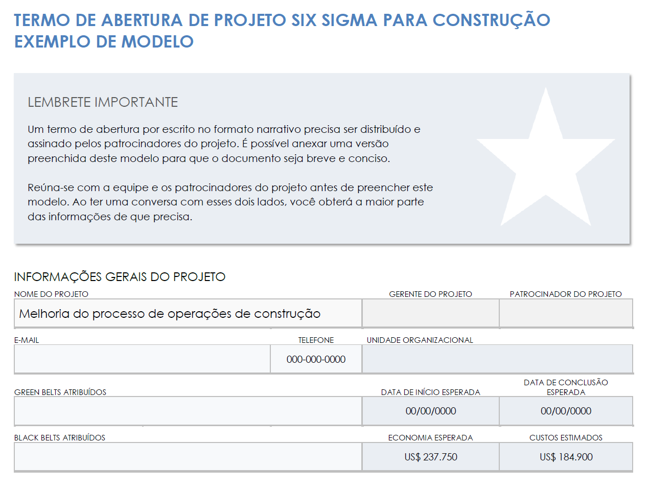  modelo de exemplo de carta de projeto de construção seis sigma