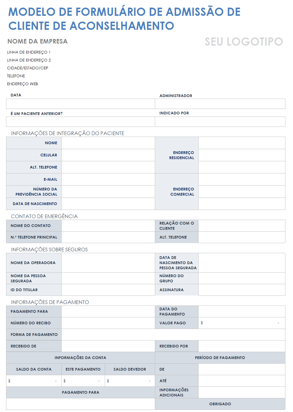  modelo de formulário de admissão de cliente de aconselhamento