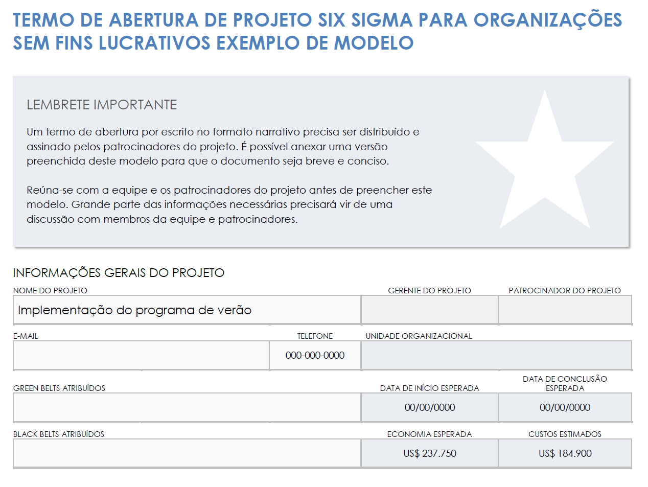  modelo de exemplo de carta de projeto sem fins lucrativos seis sigma