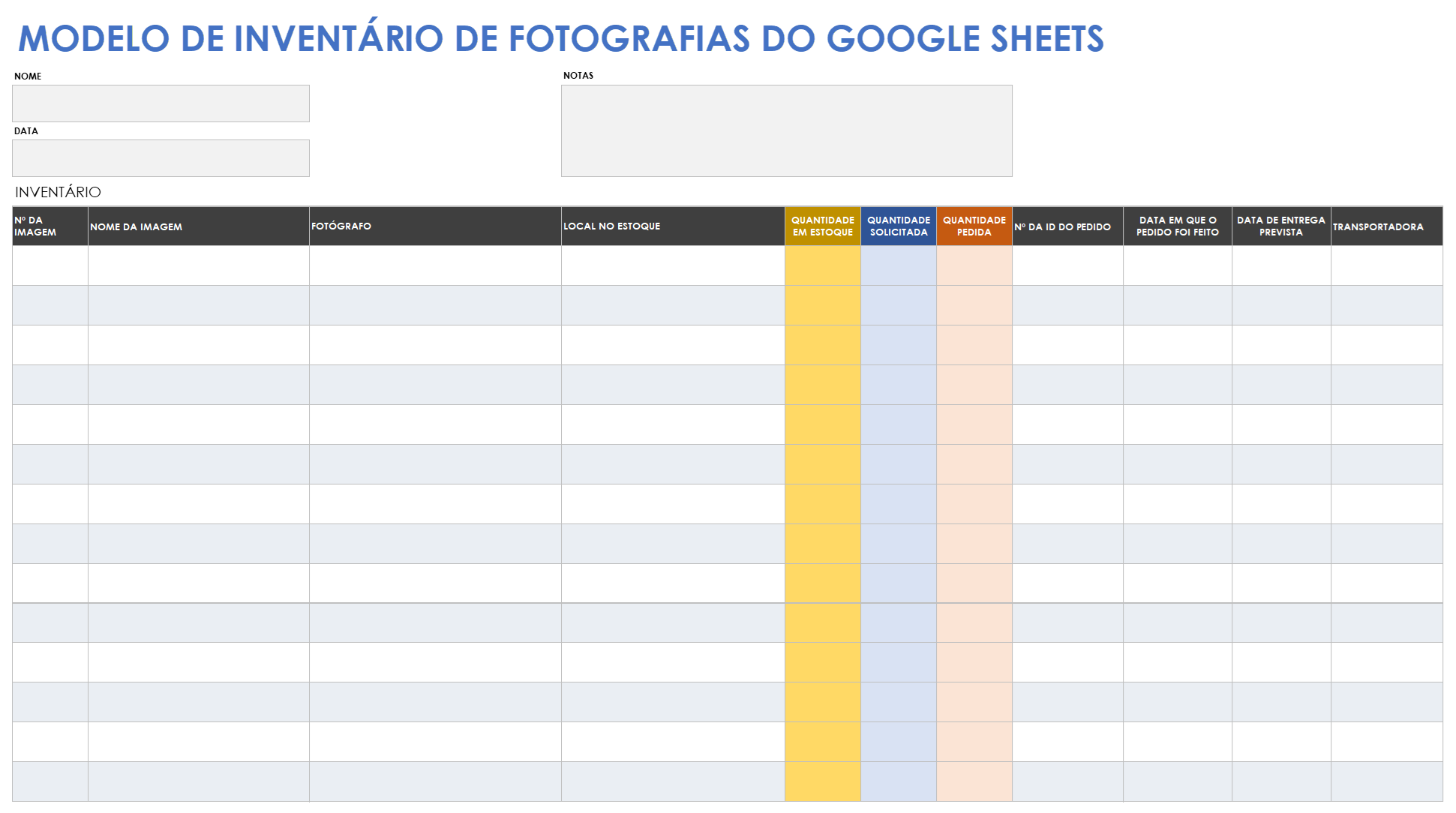  Modelo de inventário de fotografia do Planilhas Google