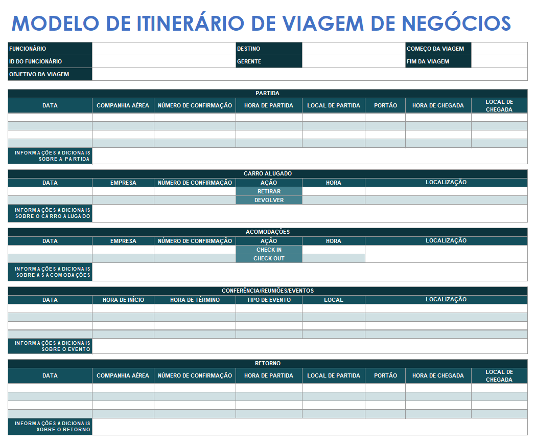 Modelo de itinerário de viagem de negócios