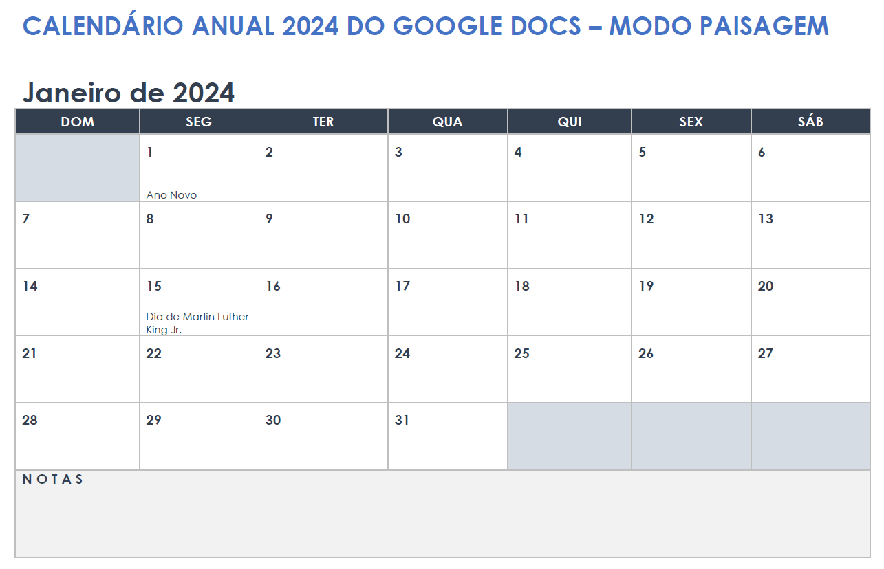 Calendário anual do Google Doc 2024