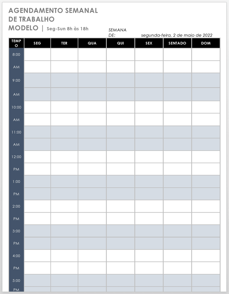 Modelo de programação semanal das 20h às 18h de segunda a domingo