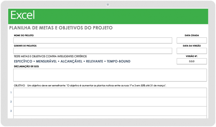  Modelo de Planilha de Metas e Objetivos do Projeto