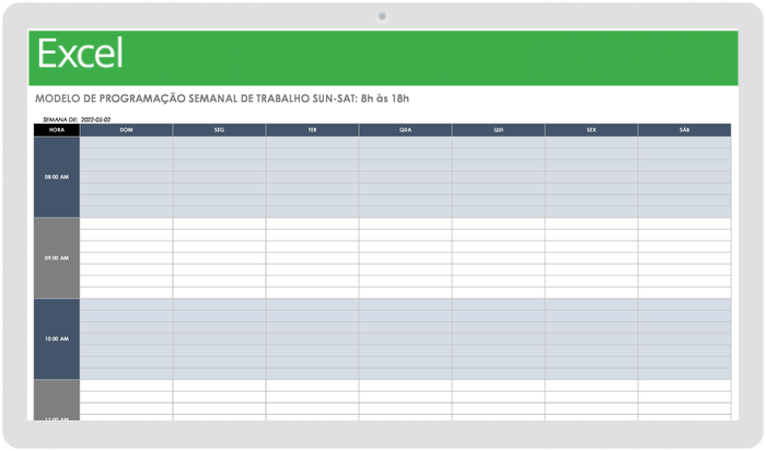 Modelo de horário de trabalho semanal de domingo a sábado, das 20h às 18h